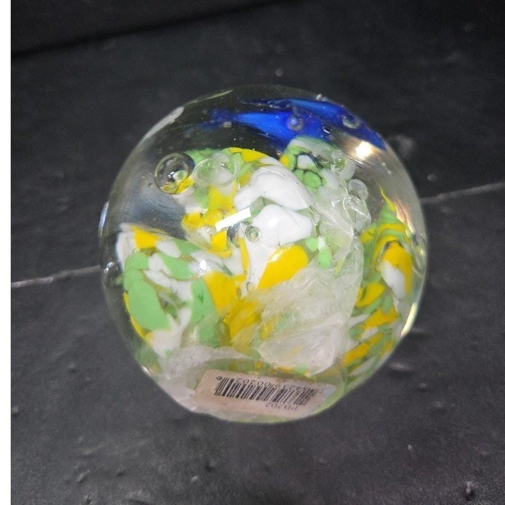 Dolphin with Green Yellow Waves Round Paperweight, Controlled Bubbles Sculpture - Picture 8 of 11